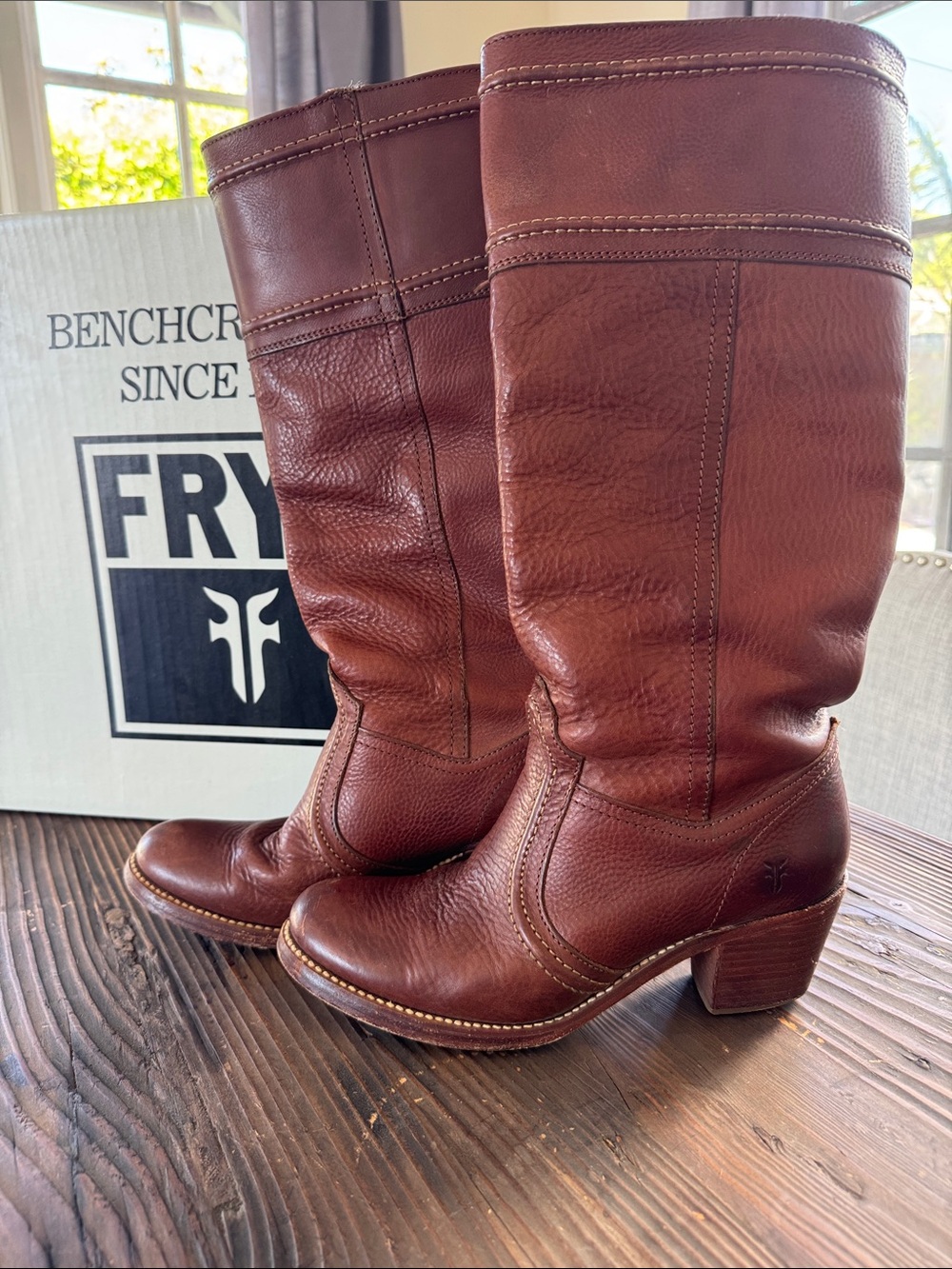 Frye Jane Leather Boots in Redwood color.